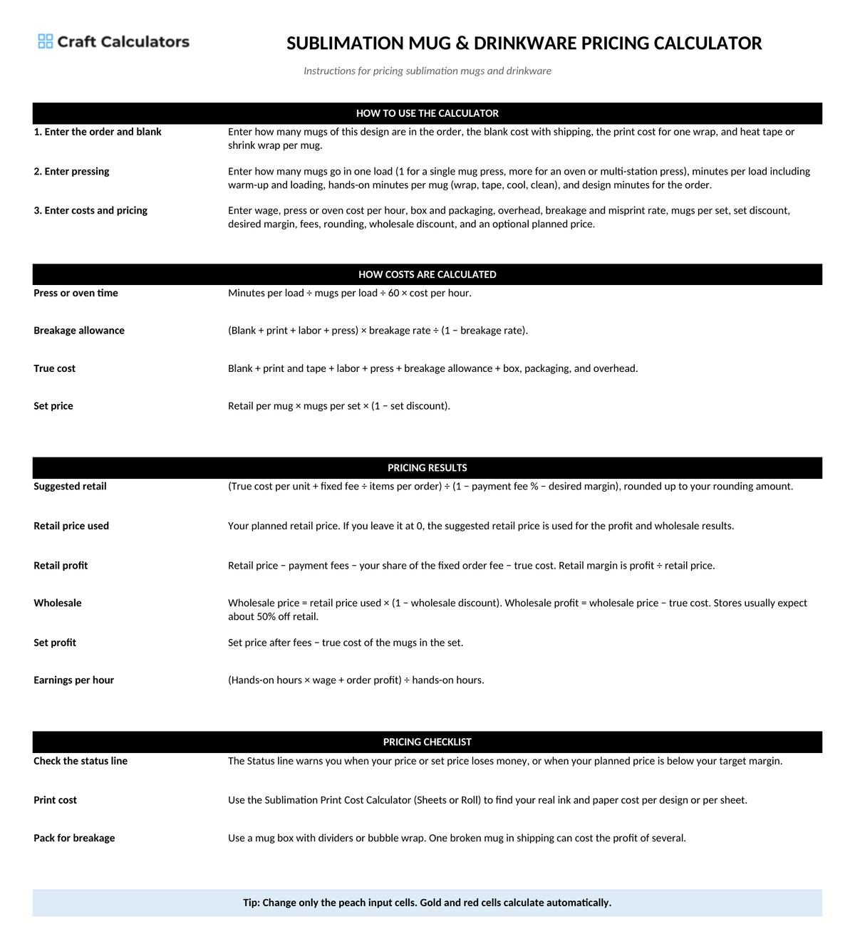 Sublimation Mug & Drinkware Pricing Calculator instructions tab explaining how to use the workbook and what the results mean