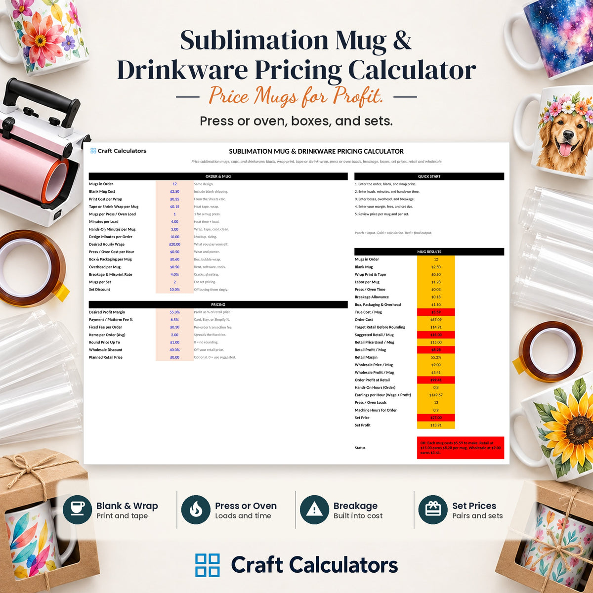 Sublimation Mug & Drinkware Pricing Calculator spreadsheet by Craft Calculators for sublimation sellers