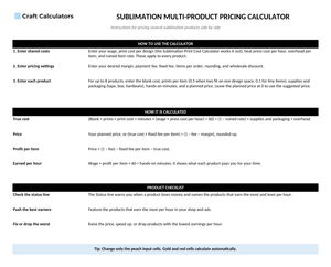 Sublimation Multi-Product Pricing Calculator instructions tab explaining how to use the workbook and what the results mean