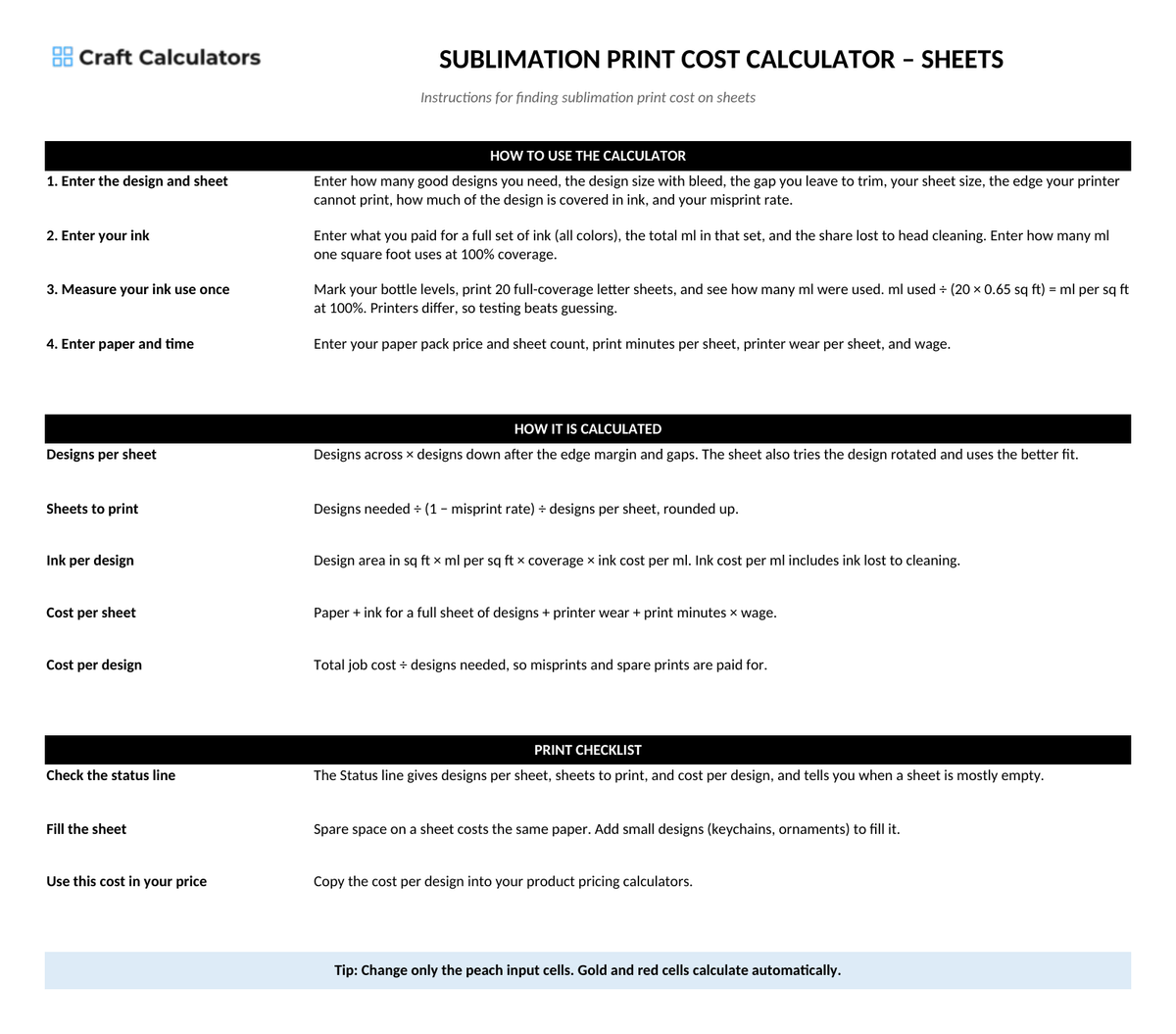 Sublimation Print Cost Calculator – Sheets instructions tab explaining how to use the workbook and what the results mean
