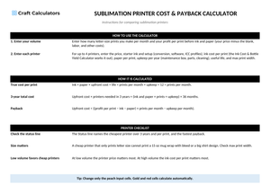Sublimation Printer Cost & Payback Calculator instructions tab explaining how to use the workbook and what the results mean