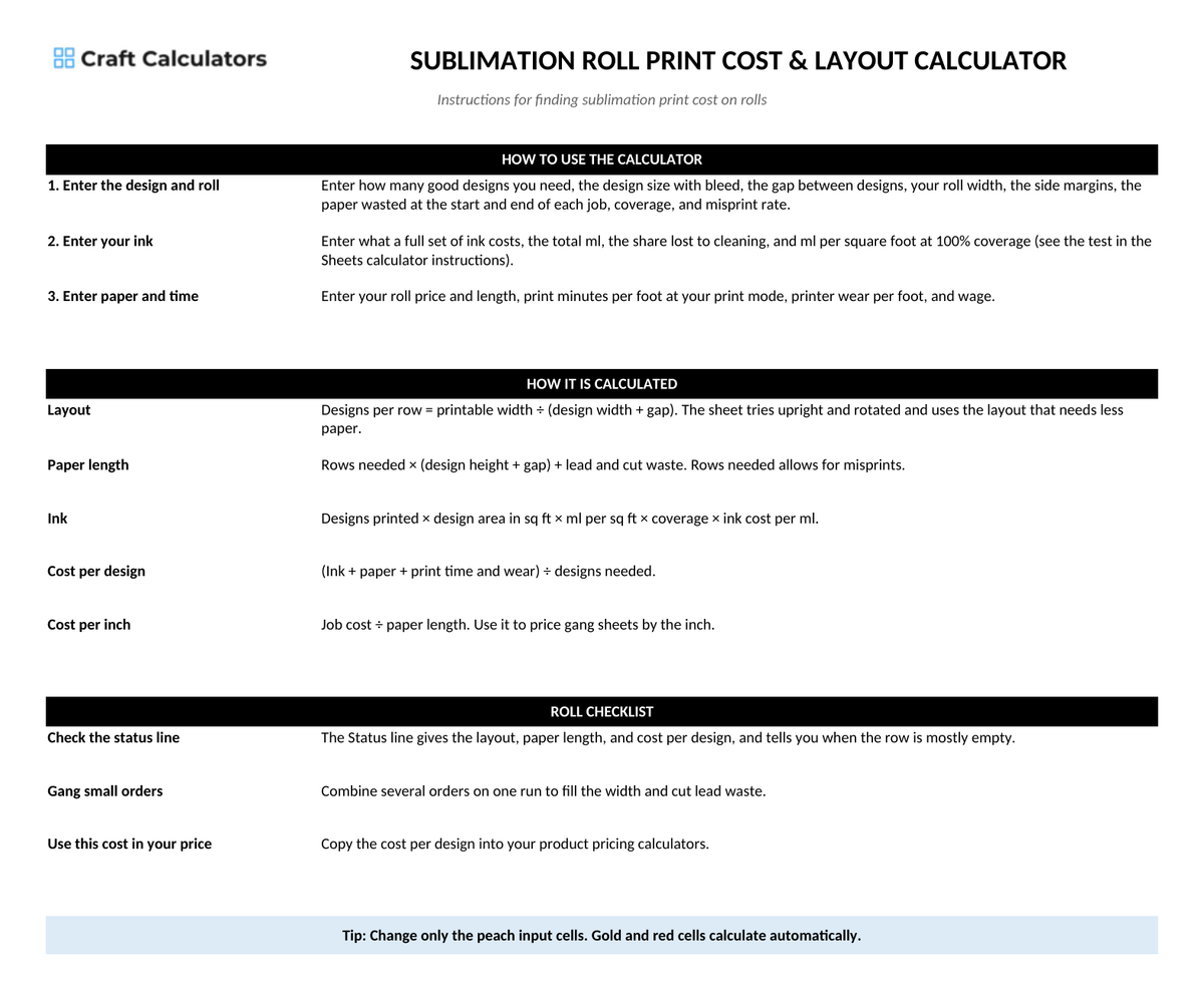 Sublimation Roll Print Cost & Layout Calculator instructions tab explaining how to use the workbook and what the results mean