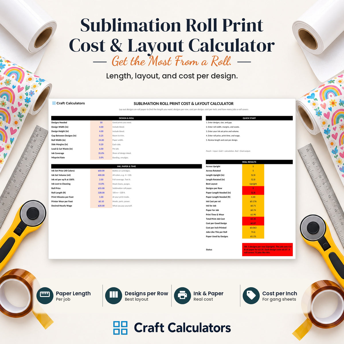 Sublimation Roll Print Cost & Layout Calculator spreadsheet by Craft Calculators for sublimation sellers