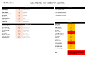 Sublimation Roll Print Cost & Layout Calculator screenshot showing inputs, calculated results, and status line