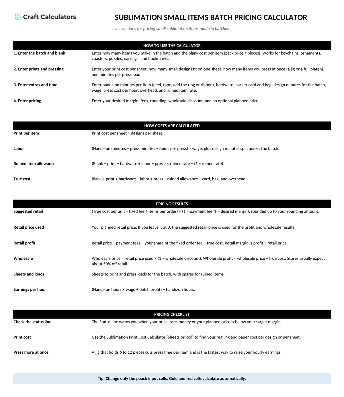 Sublimation Small Items Batch Pricing Calculator instructions tab explaining how to use the workbook and what the results mean