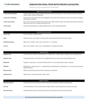 Sublimation Small Items Batch Pricing Calculator instructions tab explaining how to use the workbook and what the results mean
