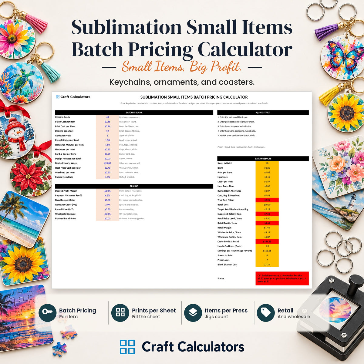 Sublimation Small Items Batch Pricing Calculator spreadsheet by Craft Calculators for sublimation sellers