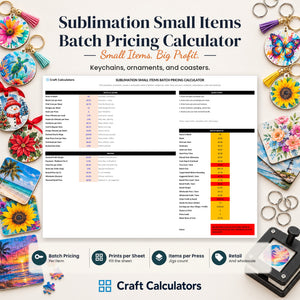 Sublimation Small Items Batch Pricing Calculator spreadsheet by Craft Calculators for sublimation sellers