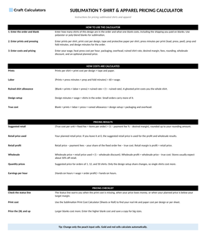 Sublimation T-Shirt & Apparel Pricing Calculator instructions tab explaining how to use the workbook and what the results mean