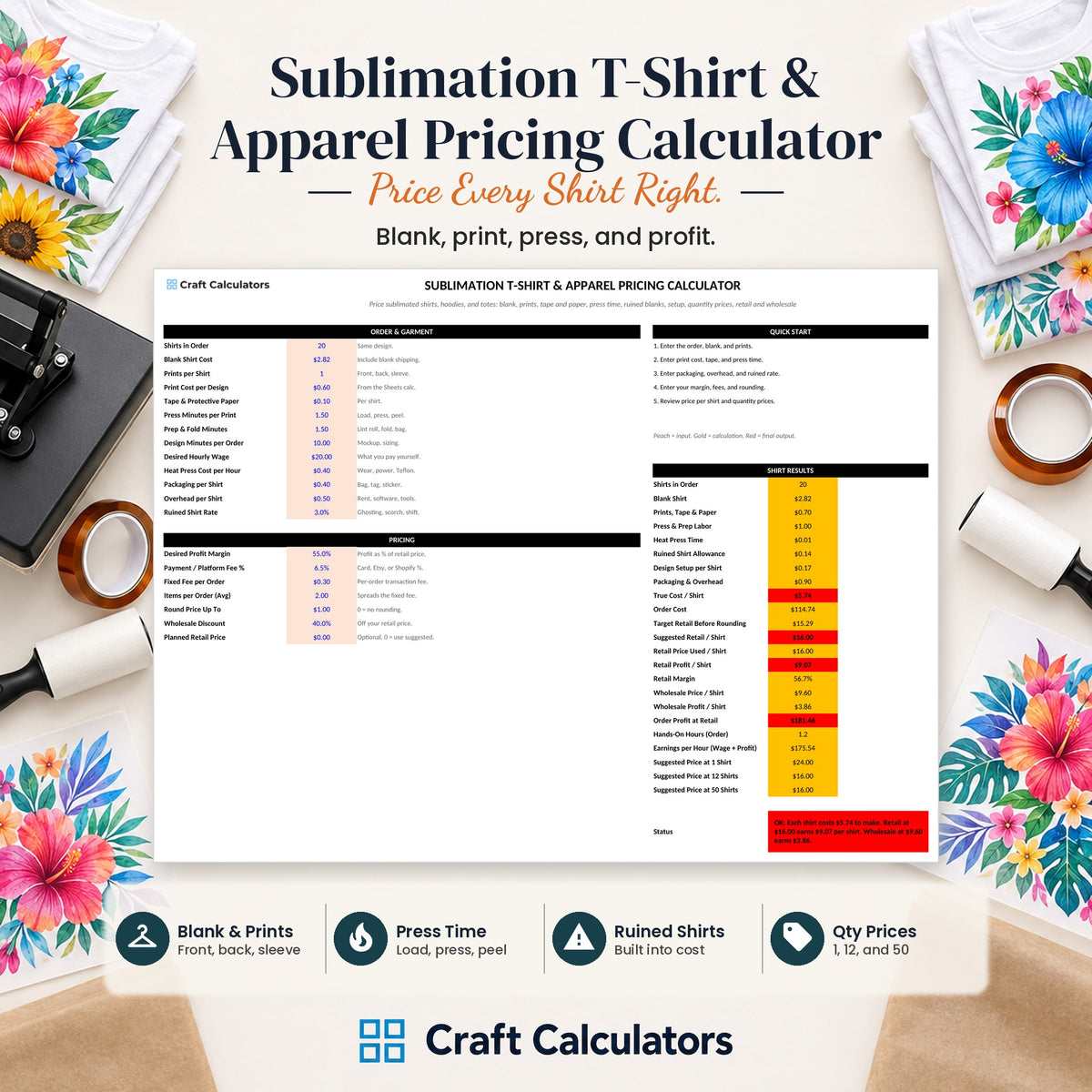 Sublimation T-Shirt & Apparel Pricing Calculator spreadsheet by Craft Calculators for sublimation sellers