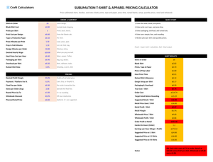 Sublimation T-Shirt & Apparel Pricing Calculator screenshot showing inputs, calculated results, and status line