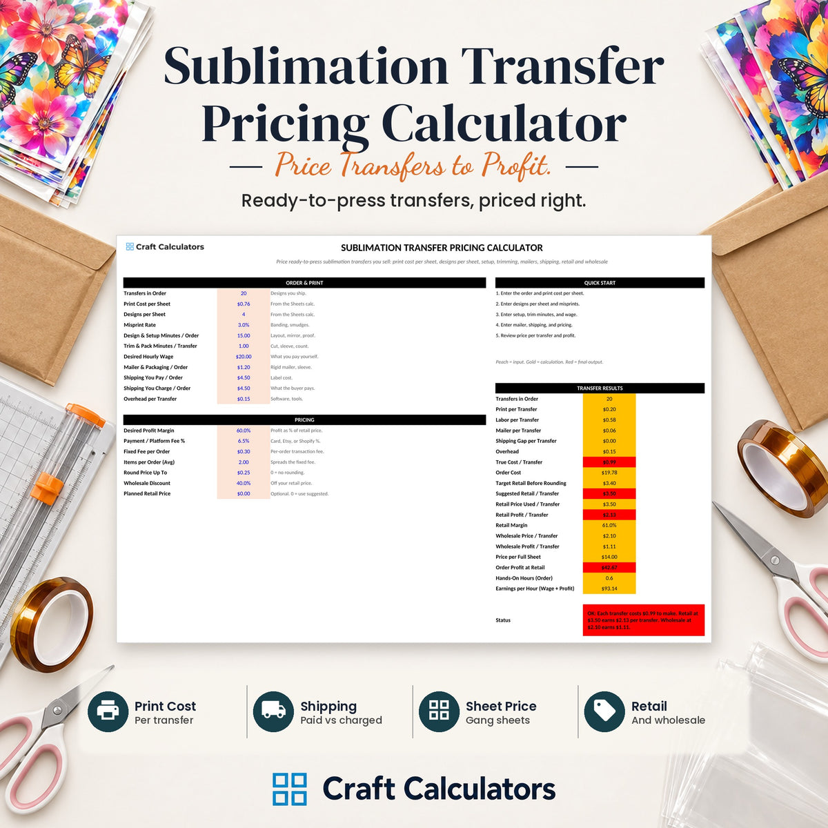 Sublimation Transfer Pricing Calculator spreadsheet by Craft Calculators for sublimation sellers