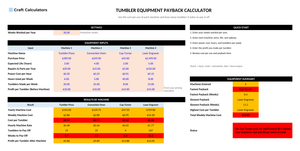 Tumbler Equipment Payback Calculator screenshot showing inputs, calculated results, and status line