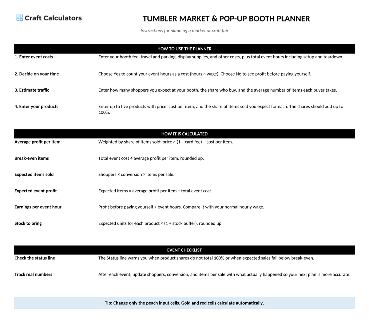 Tumbler Market & Pop-Up Booth Planner instructions tab explaining how to use the workbook and what the results mean