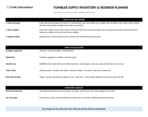 Tumbler Supply Inventory & Reorder Planner instructions tab explaining how to use the workbook and what the results mean