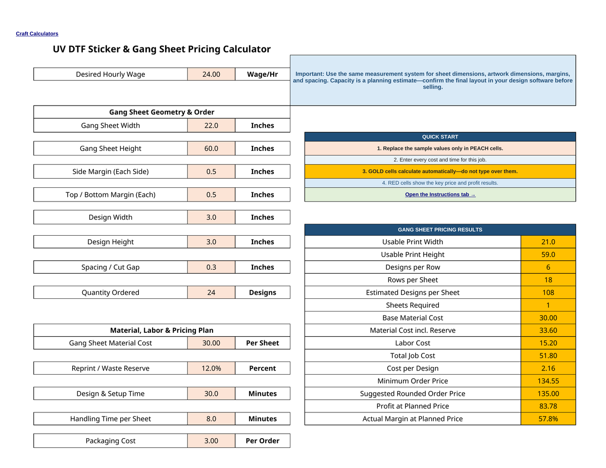 UV DTF Sticker and Gang Sheet Pricing Calculator spreadsheet screenshot