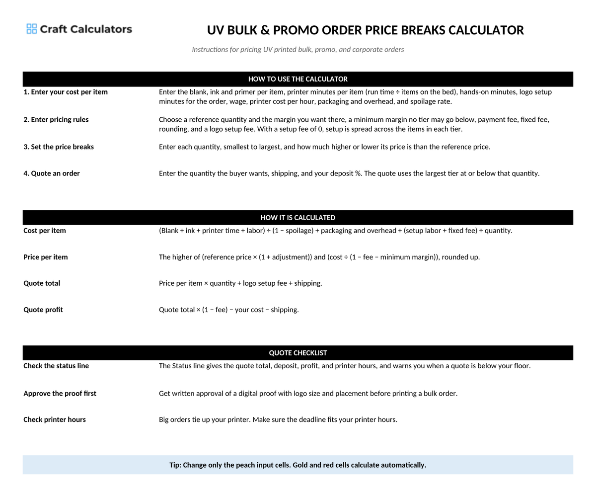 UV Bulk & Promo Order Price Breaks Calculator instructions tab explaining how to use the workbook and what the results mean