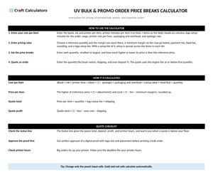 UV Bulk & Promo Order Price Breaks Calculator instructions tab explaining how to use the workbook and what the results mean