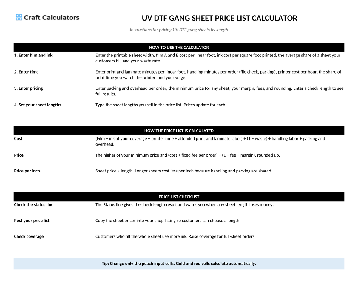 UV DTF Gang Sheet Price List Calculator instructions tab explaining how to use the workbook and what the results mean
