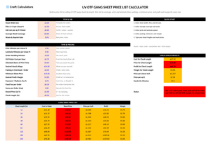 UV DTF Gang Sheet Price List Calculator screenshot showing inputs, calculated results, and status line