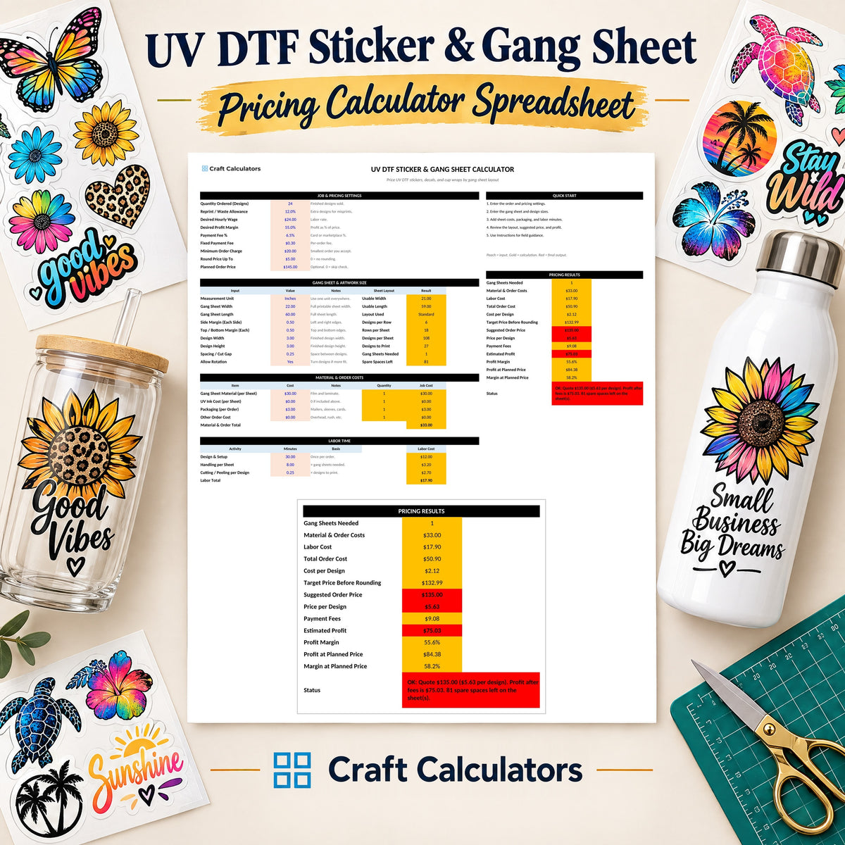 UV DTF Sticker & Gang Sheet Pricing Calculator spreadsheet by Craft Calculators for UV printing businesses
