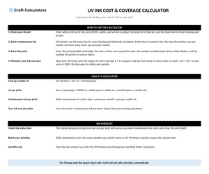 UV Ink Cost & Coverage Calculator instructions tab explaining how to use the workbook and what the results mean