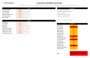 UV Ink Cost & Coverage Calculator screenshot showing inputs, calculated results, and status line