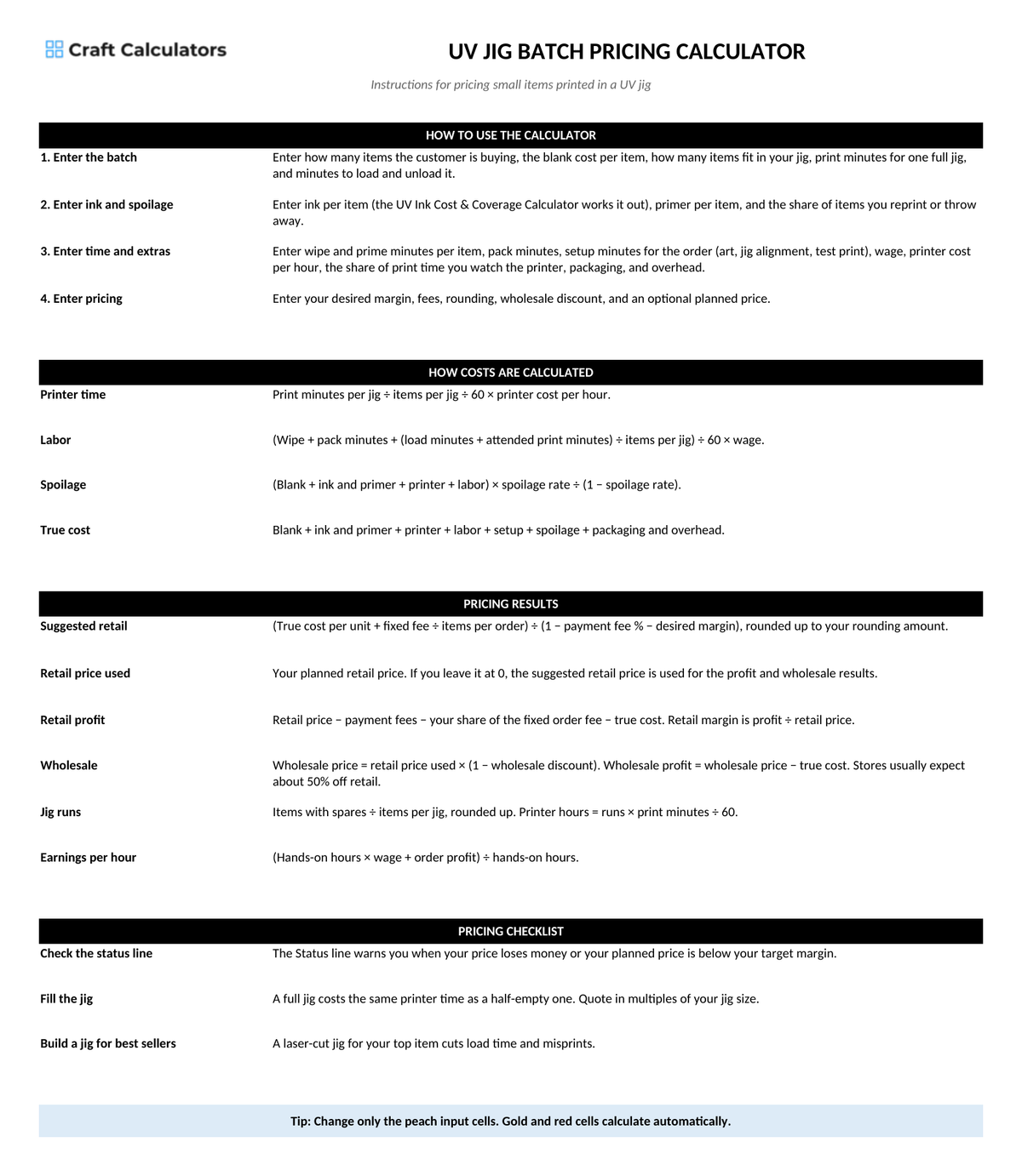 UV Jig Batch Pricing Calculator instructions tab explaining how to use the workbook and what the results mean