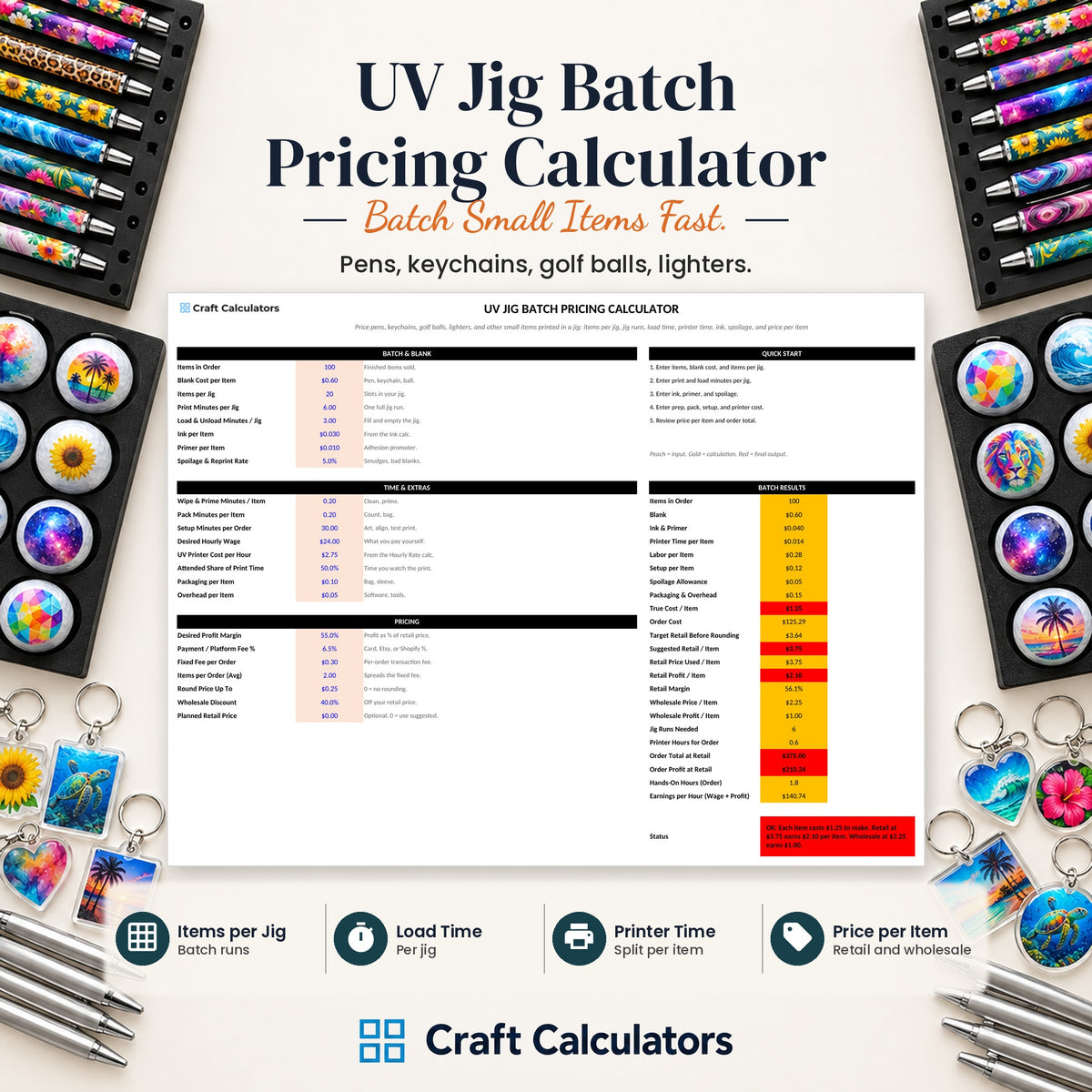 UV Jig Batch Pricing Calculator spreadsheet by Craft Calculators for UV printing sellers