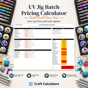 UV Jig Batch Pricing Calculator spreadsheet by Craft Calculators for UV printing sellers