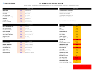 UV Jig Batch Pricing Calculator screenshot showing inputs, calculated results, and status line