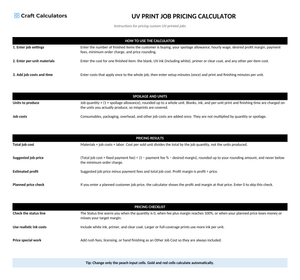 UV Print Job Pricing Calculator instructions tab explaining how to use the workbook and what the results mean