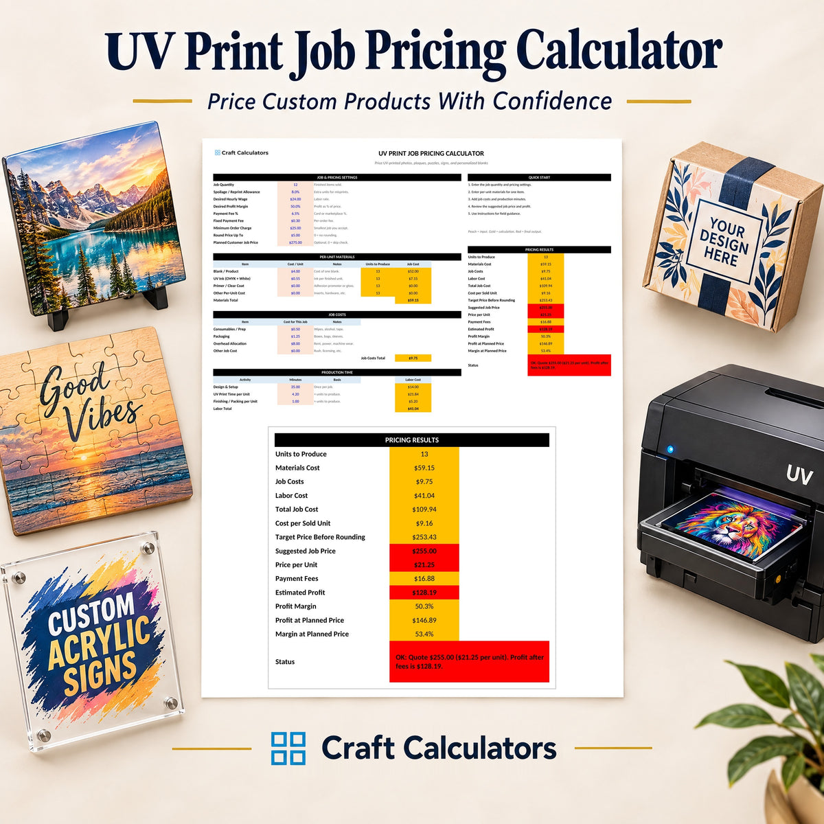 UV Print Job Pricing Calculator spreadsheet by Craft Calculators for UV printing businesses