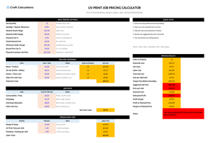 UV Print Job Pricing Calculator screenshot showing inputs, calculated results, and status line