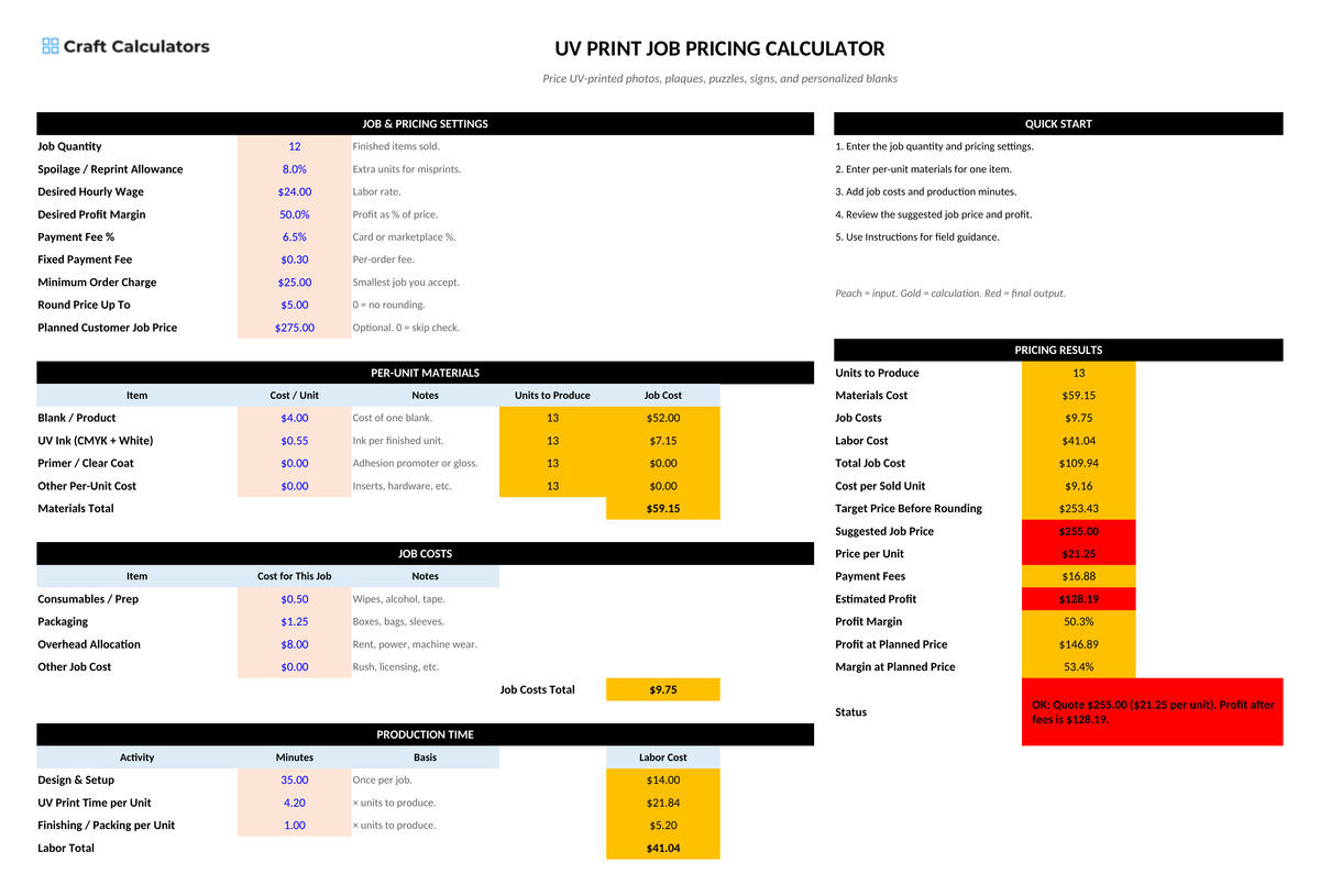 UV Print Job Pricing Calculator screenshot showing inputs, calculated results, and status line