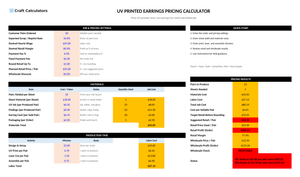 UV Printed Earrings Pricing Calculator screenshot showing inputs, calculated results, and status line