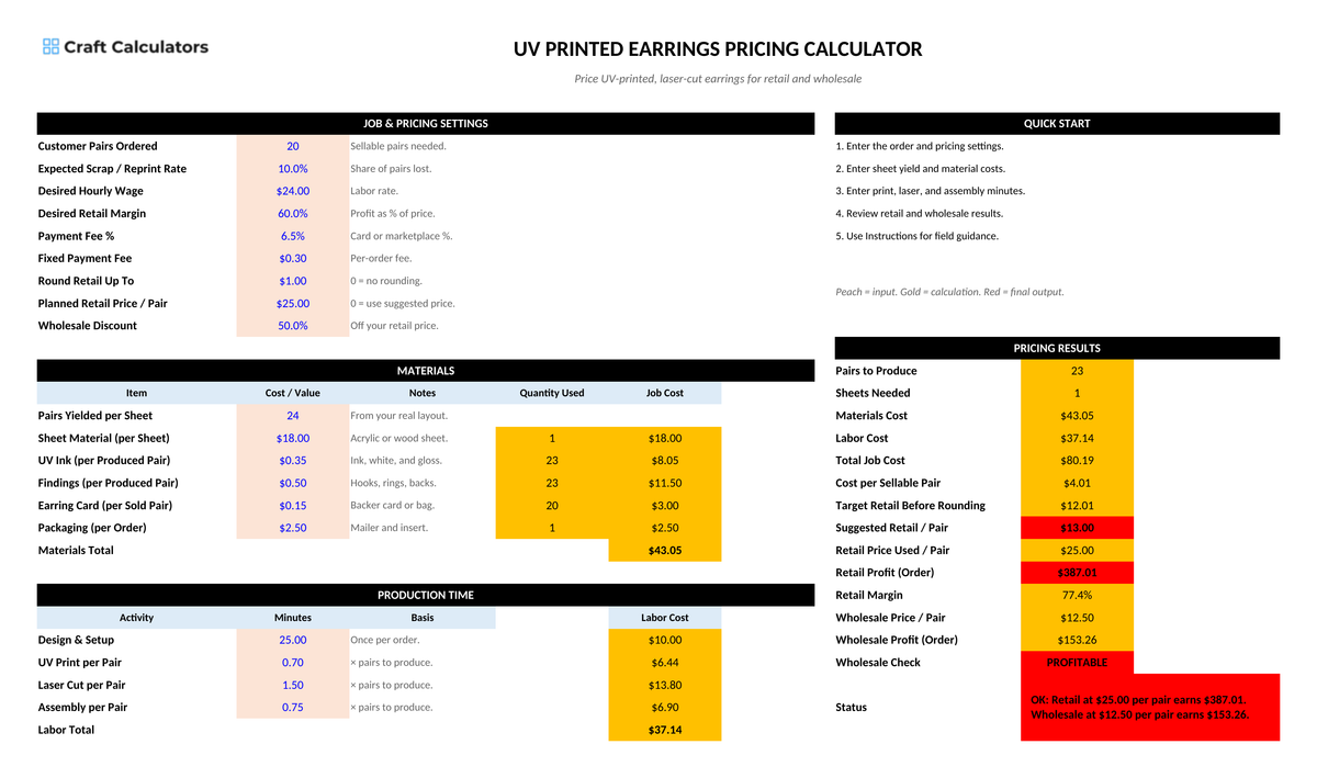UV Printed Earrings Pricing Calculator screenshot showing inputs, calculated results, and status line