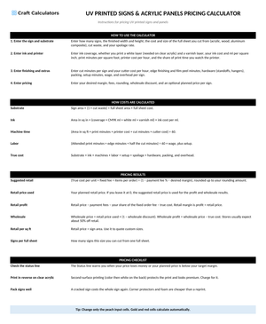 UV Printed Signs & Acrylic Panels Pricing Calculator instructions tab explaining how to use the workbook and what the results mean