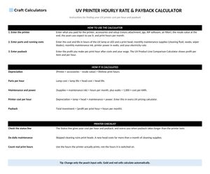 UV Printer Hourly Rate & Payback Calculator instructions tab explaining how to use the workbook and what the results mean