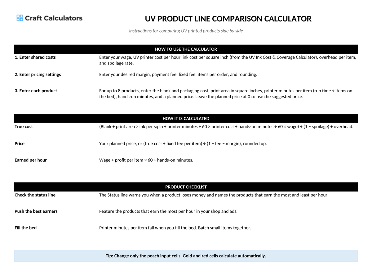UV Product Line Comparison Calculator instructions tab explaining how to use the workbook and what the results mean