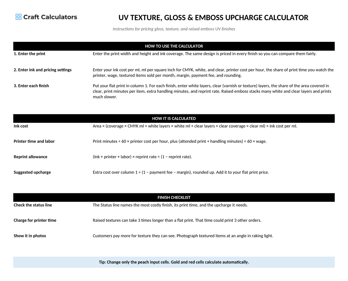 UV Texture, Gloss & Emboss Upcharge Calculator instructions tab explaining how to use the workbook and what the results mean