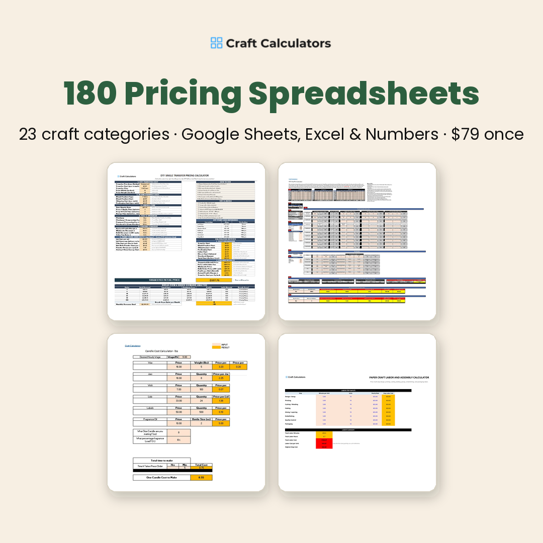 180 pricing spreadsheets, 23 craft categories - Craft Calculators Vault