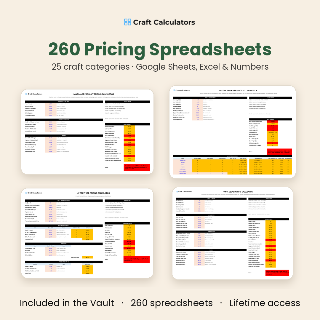 260 pricing spreadsheets across 25 craft categories for Google Sheets, Excel and Numbers