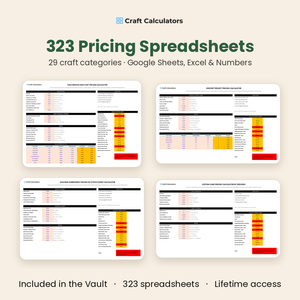 323 pricing spreadsheets across 29 craft categories for Google Sheets, Excel and Numbers