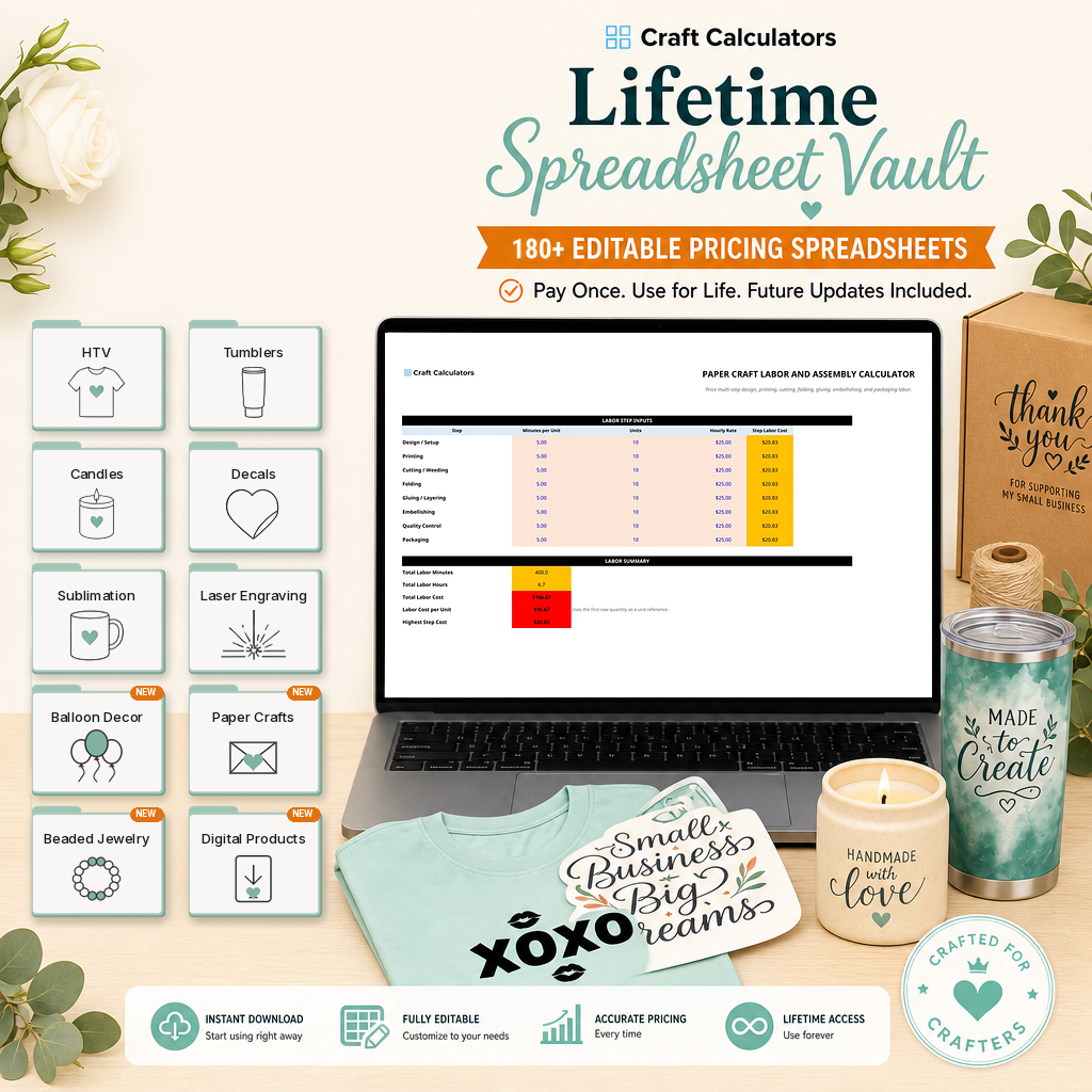 Lifetime Spreadsheet Vault with 180+ editable pricing spreadsheets, including new Balloon Decor, Paper Crafts, Beaded Jewelry, and Digital Products calculators