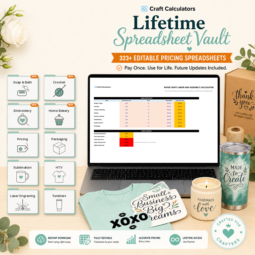 Lifetime Spreadsheet Vault promo with 323+ editable pricing spreadsheets
