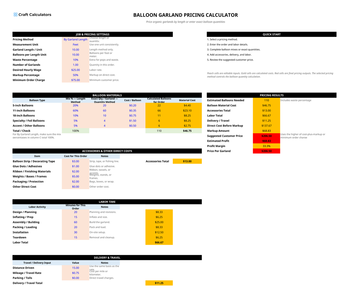 Balloon Garland Pricing Calculator Spreadsheet