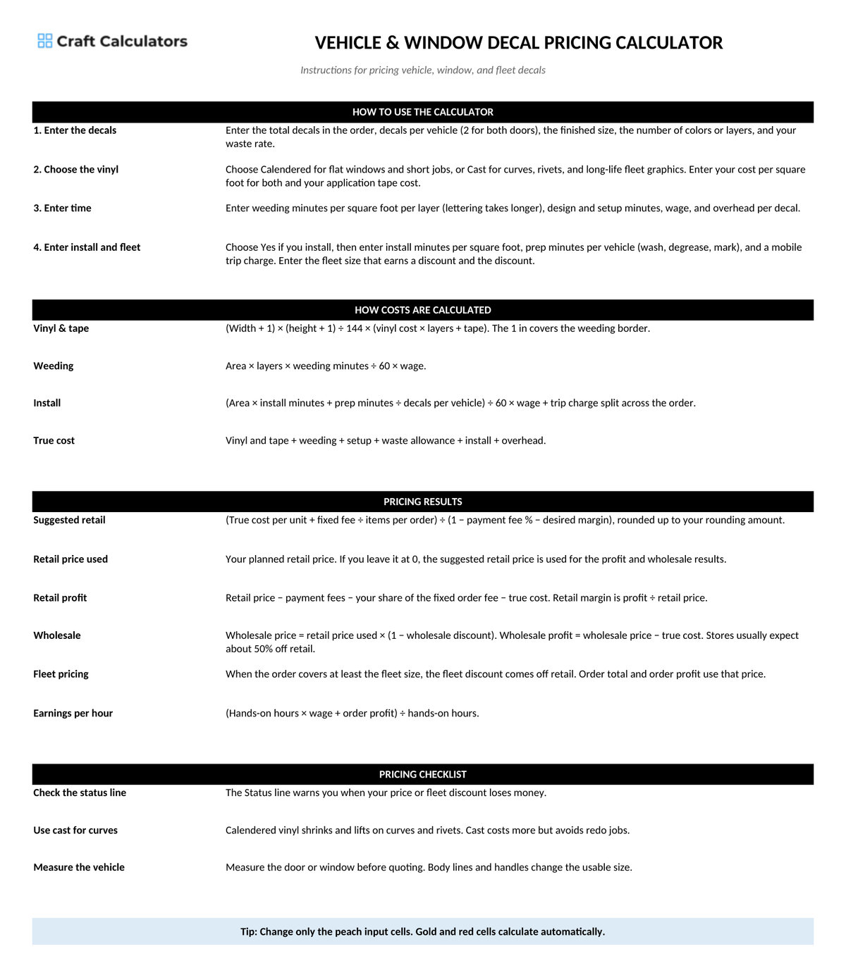Vehicle & Window Decal Pricing Calculator instructions tab explaining how to use the workbook and what the results mean