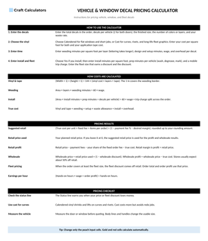 Vehicle & Window Decal Pricing Calculator instructions tab explaining how to use the workbook and what the results mean