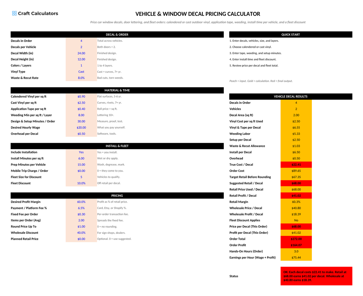 Vehicle & Window Decal Pricing Calculator screenshot showing inputs, calculated results, and status line